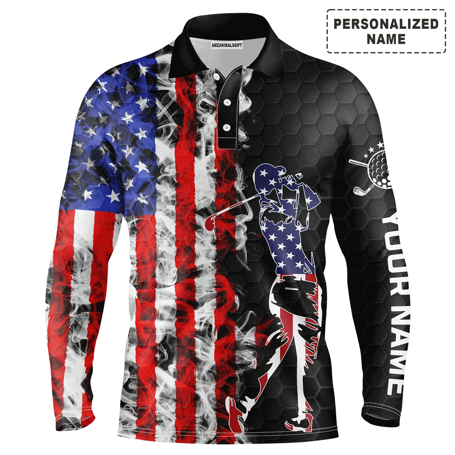 Men Golf Polo Shirt -  Custom Name American Flag Black Apparel Men Golf Polo Shirt - Perfect Polo Shirt For Men, Golfers - Image 2