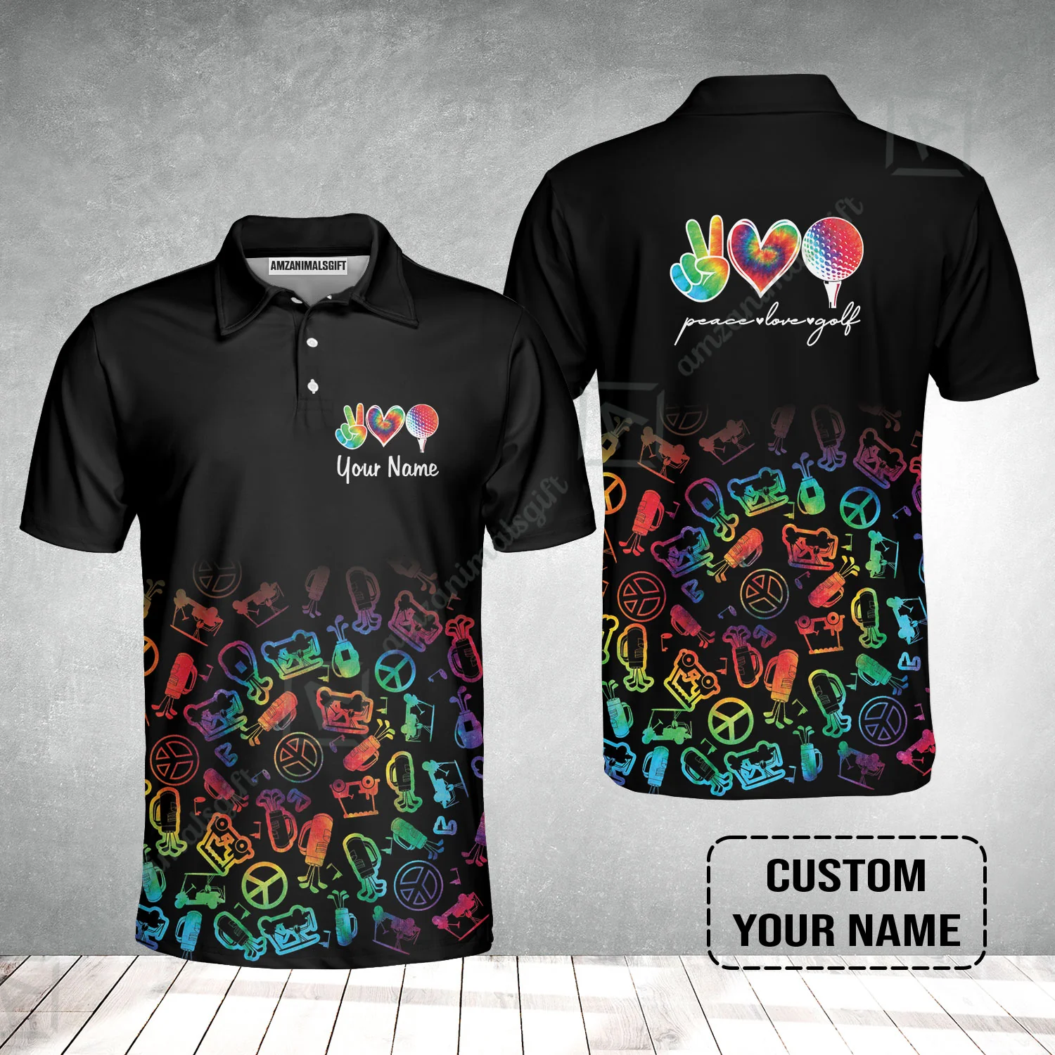 Men Golf Polo Shirt Custom Name, Watercolor Peace Love Golf Golf Icon Personalized Polo Shirt - Image 2