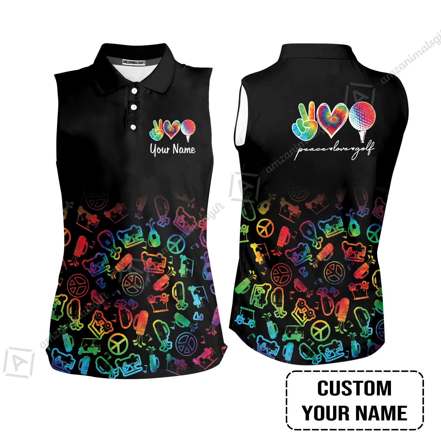 Men Golf Polo Shirt Custom Name, Watercolor Peace Love Golf Golf Icon Personalized Polo Shirt - Image 5