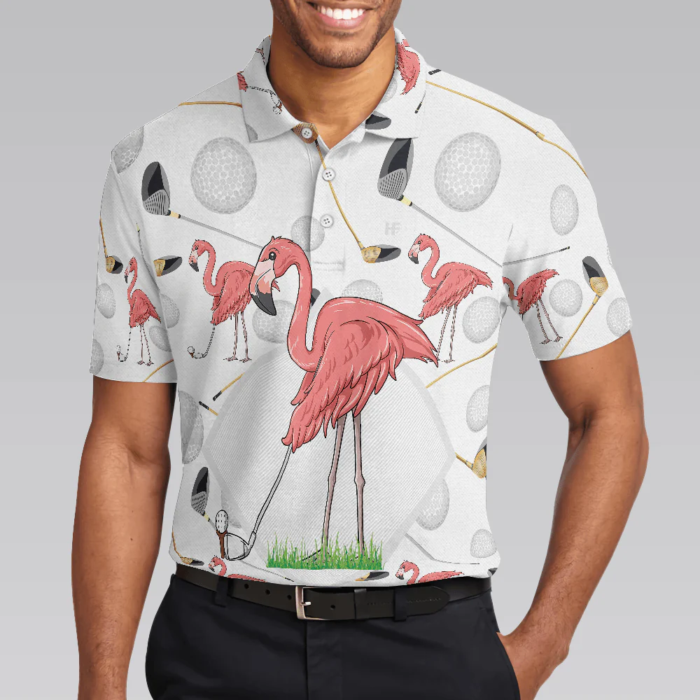 Men Golf Polo Shirt - Flamingo Golfer Polo Shirt, Pink Flamingo Golf Polo Shirt, Flamingo Themed Shirt For Golfers - Image 4