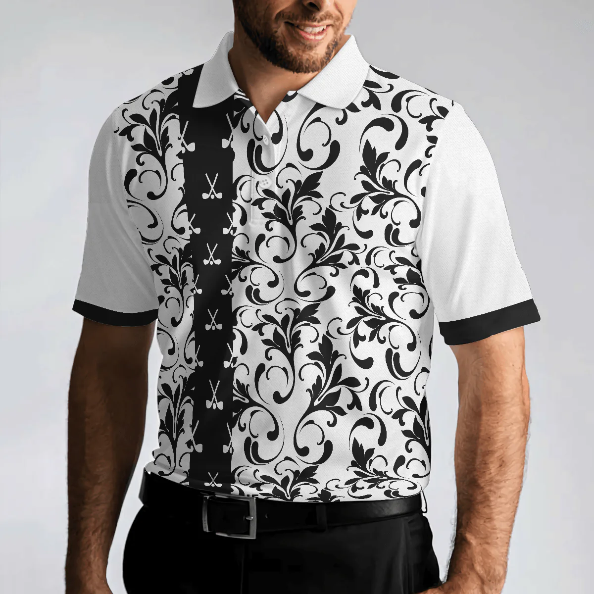 Men Golf Polo Shirt - Floral Golf Pattern In White Men Polo Shirt, Black And White Men Polo Shirt - Perfect Polo Shirt For Men, Golfers - Image 2