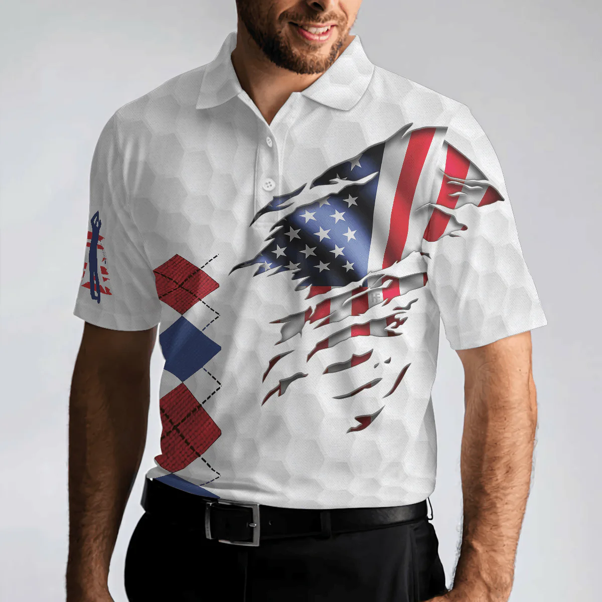 Men Golf Polo Shirt - Golf American Flag Argyle, White Golf Texture American Flag Men Polo Shirt - Perfect Polo Shirt For Men, Golfers - Image 5