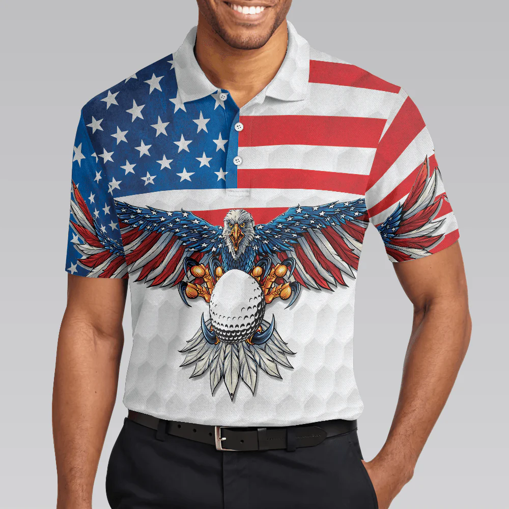 Men Golf Polo Shirt - Golf American Flag Eagle, White Golf Texture American Flag Men Polo Shirt - Perfect Polo Shirt For Men, Golfers - Image 4