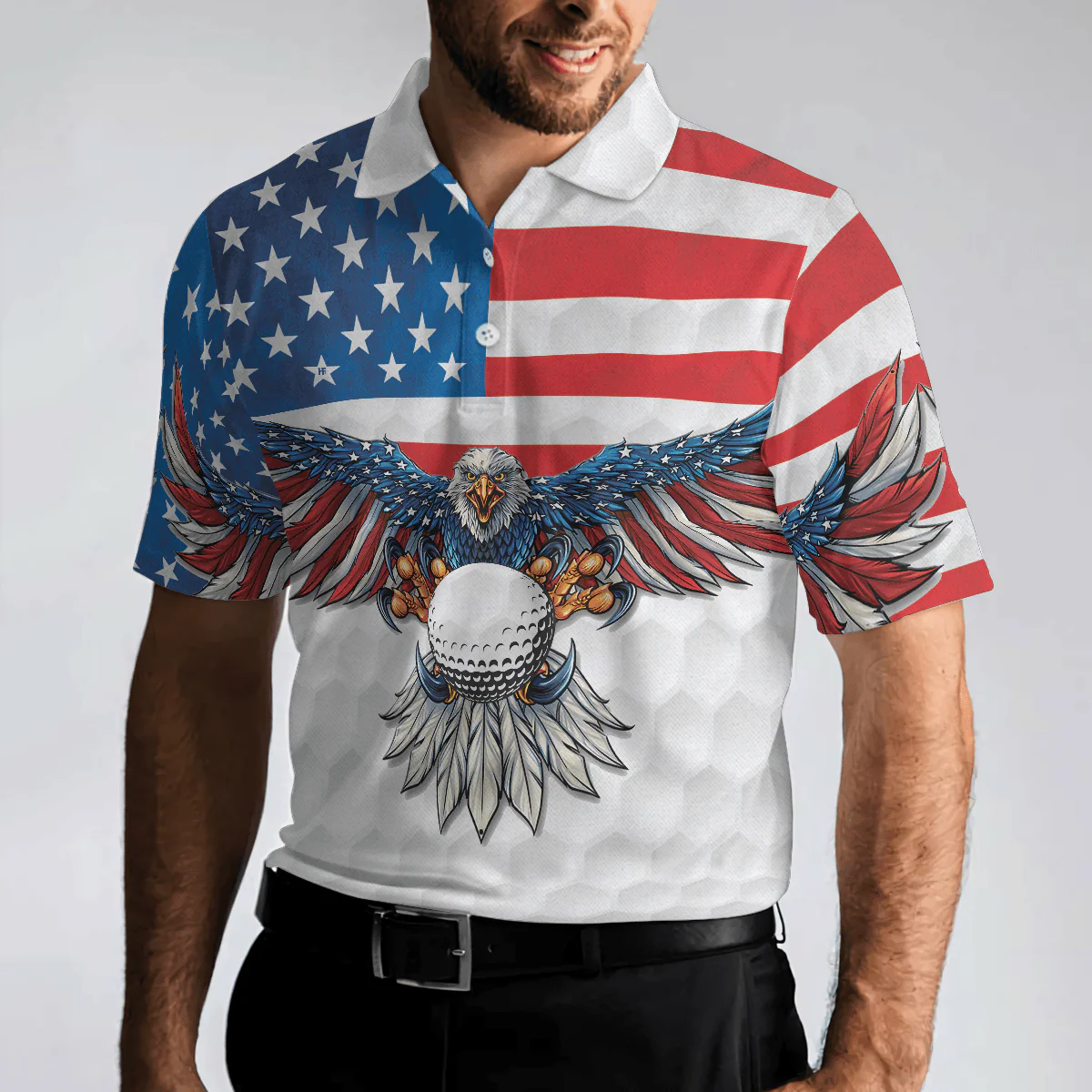 Men Golf Polo Shirt - Golf American Flag Eagle, White Golf Texture American Flag Men Polo Shirt - Perfect Polo Shirt For Men, Golfers - Image 5