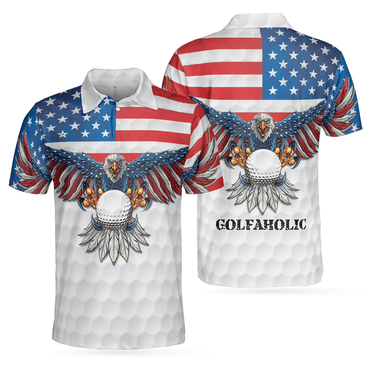 Men Golf Polo Shirt - Golf American Flag Eagle Wings, White Golf Pattern And Golf Ball Men Polo Shirt - Perfect Polo Shirt For Men, Golfers