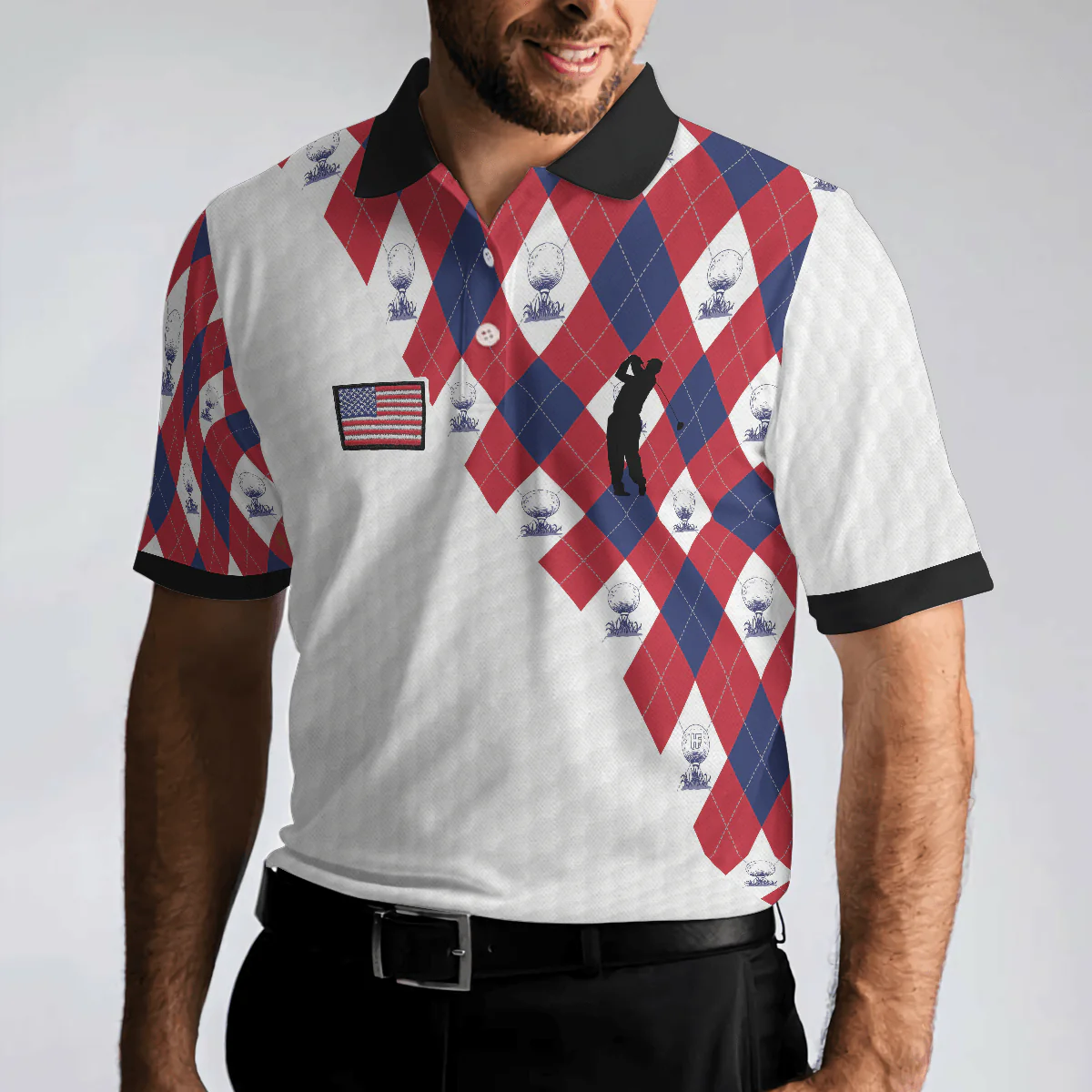 Men Golf Polo Shirt - Golf Argyle Pattern Golf, Patriotic American Flag Golf Men Polo Shirt - Perfect Polo Shirt For Men, Golfers - Image 2