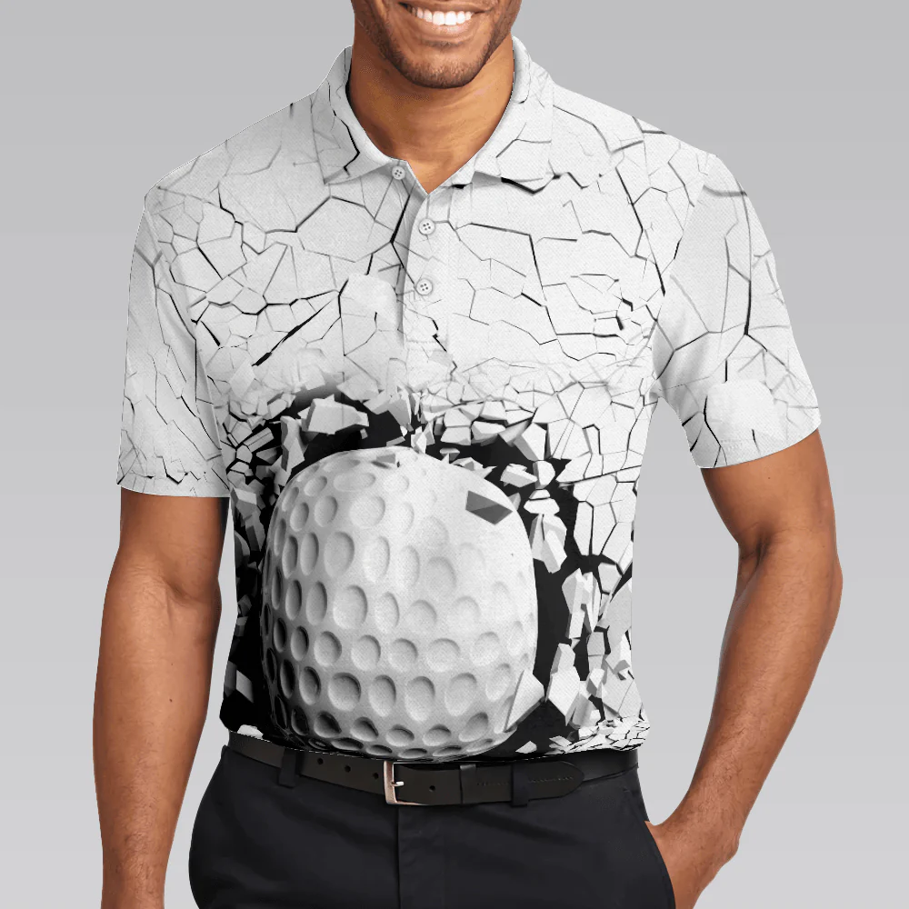 Men Golf Polo Shirt - Golf Ball Breaking Men Polo Shirt, Black And White Cracking Pattern Polo Shirt, Best Golf Shirt For Men, Golfers - Image 5