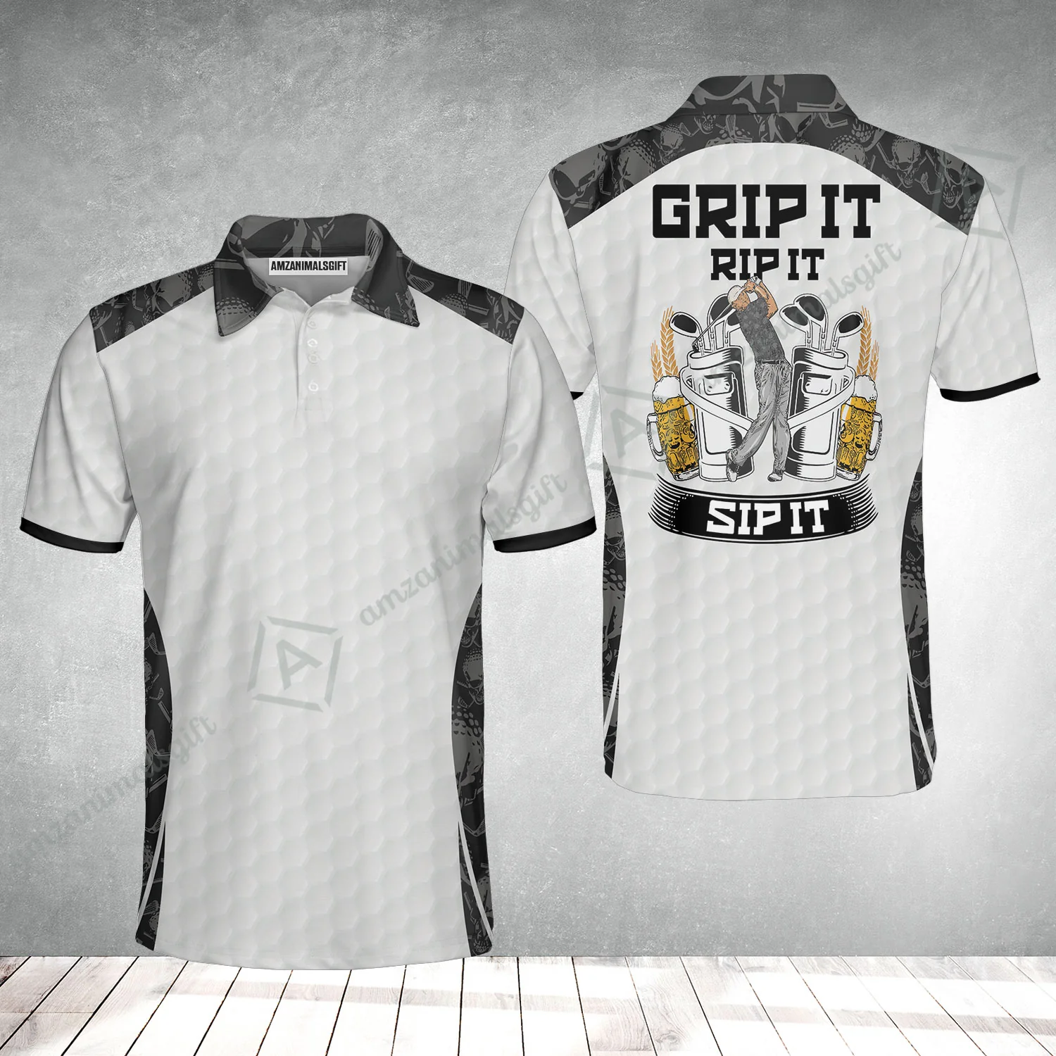 Men Golf Polo Shirt - Golf Ball Pattern Skull, Grip It Rip It Sip It Golf White Men Polo Shirt - Image 2
