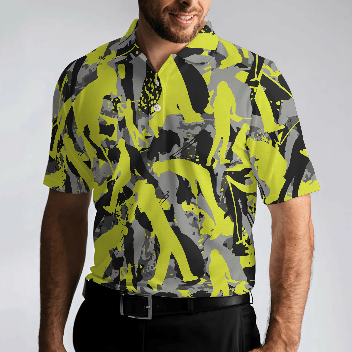 Men Golf Polo Shirt - Golf Camo Light Green Pattern Golf Polo Shirt, Yellow Silhouette Golfing Polo Shirt, Camouflage Golf Shirt For Men, Golfers - Image 3