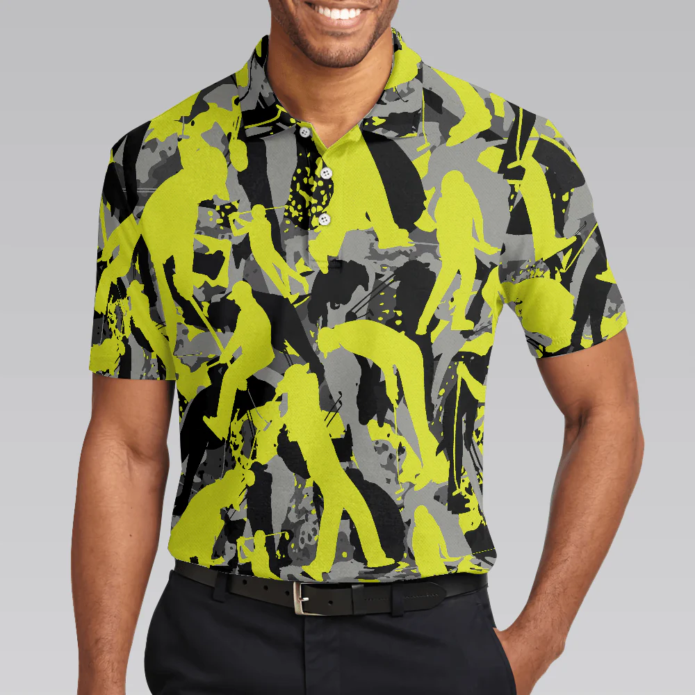 Men Golf Polo Shirt - Golf Camo Light Green Pattern Golf Polo Shirt, Yellow Silhouette Golfing Polo Shirt, Camouflage Golf Shirt For Men, Golfers - Image 4