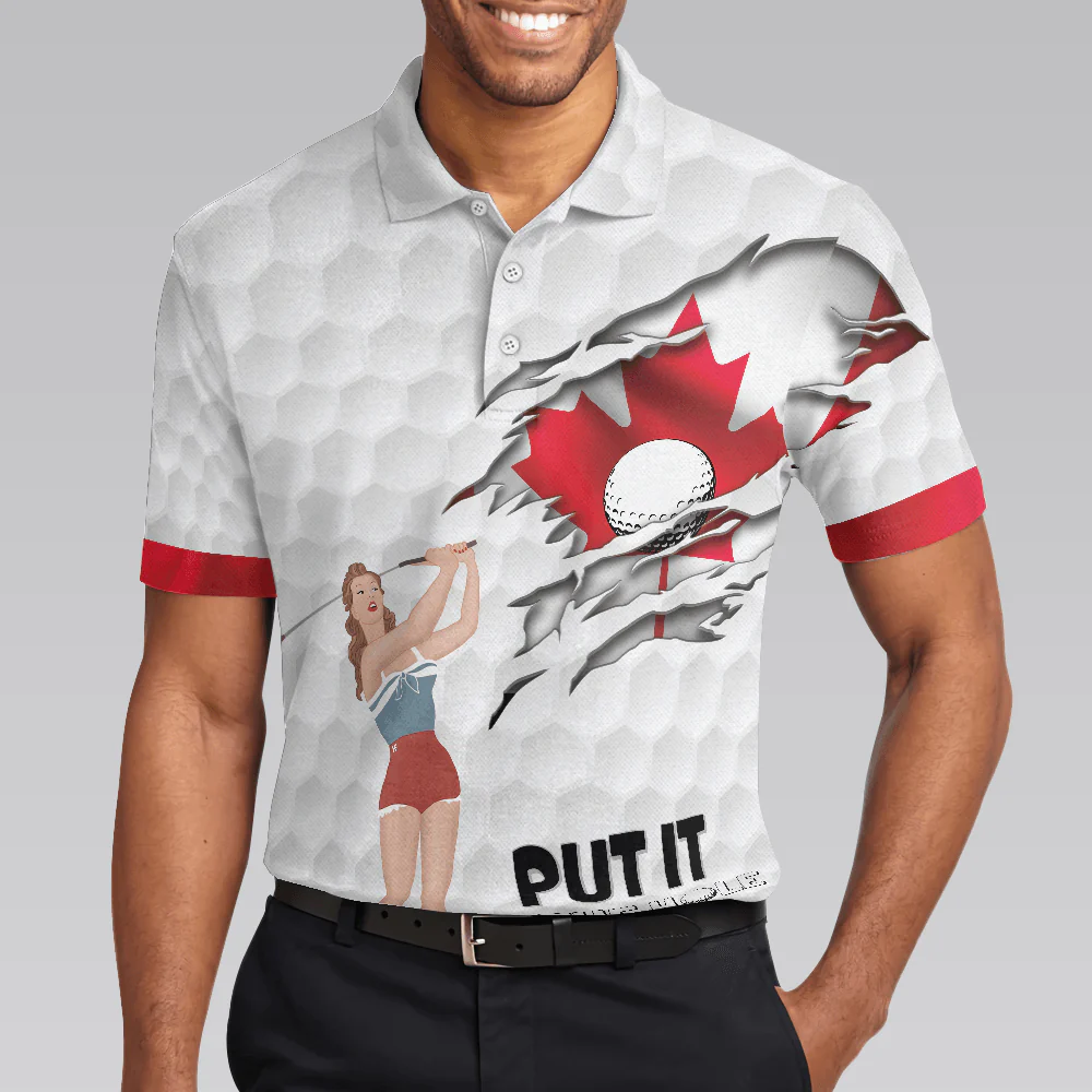 Men Golf Polo Shirt - Golf Canada Flag Pin Up Girl Polo Shirt, Put It In The Hole Polo Shirt, Canadian Flag Polo Shirt - Perfect Gift For Men, Golfers - Image 4