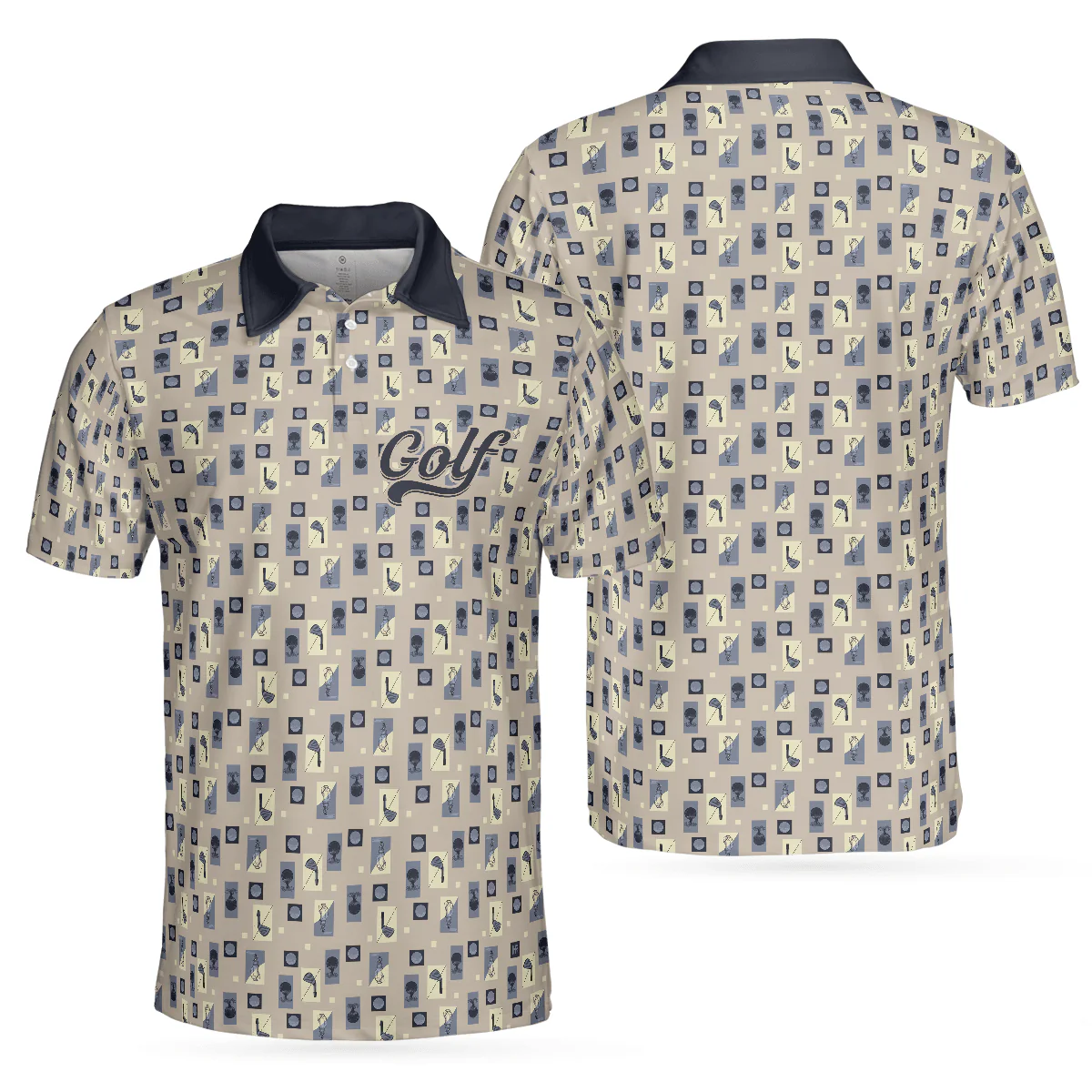 Men Golf Polo Shirt - Golf Objects Pattern Men Polo Shirt, Golf Tee And Club Polo Shirt, Best Golf Shirt For Men, Golfers