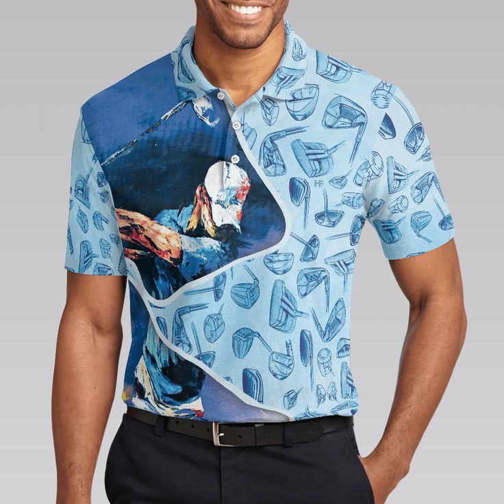 Men Golf Polo Shirt - Golf Swing Abstract With Golf Club Header Pattern Golf Polo Shirt, Sky Blue Golf Shirt For Men, Golfers - Image 4