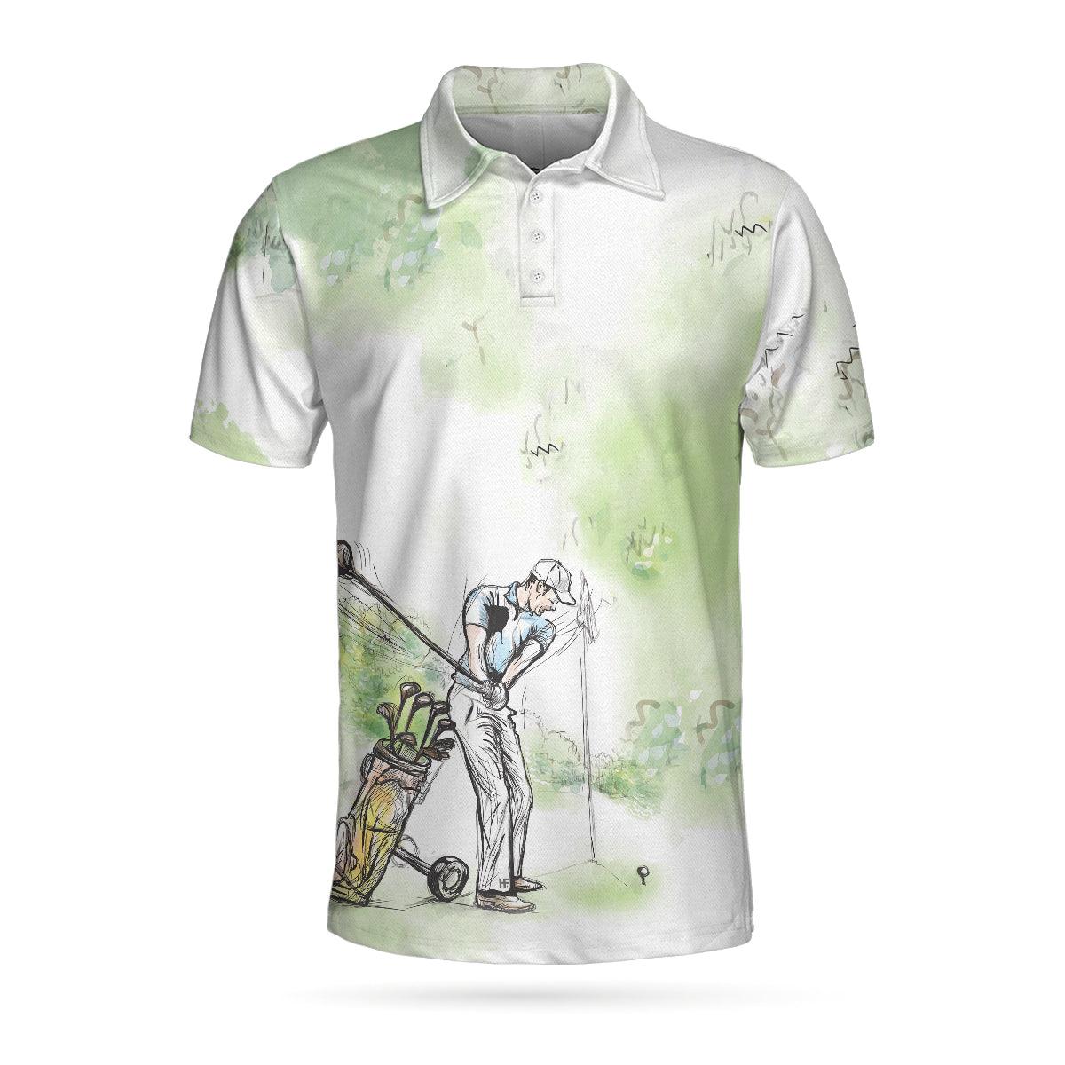 Men Golf Polo Shirt - Golfer Painting Men Polo Shirt, Green Tree Pattern Golfer Sketching Polo Shirt, Best Golf Shirt For Men, Golfers - Image 3