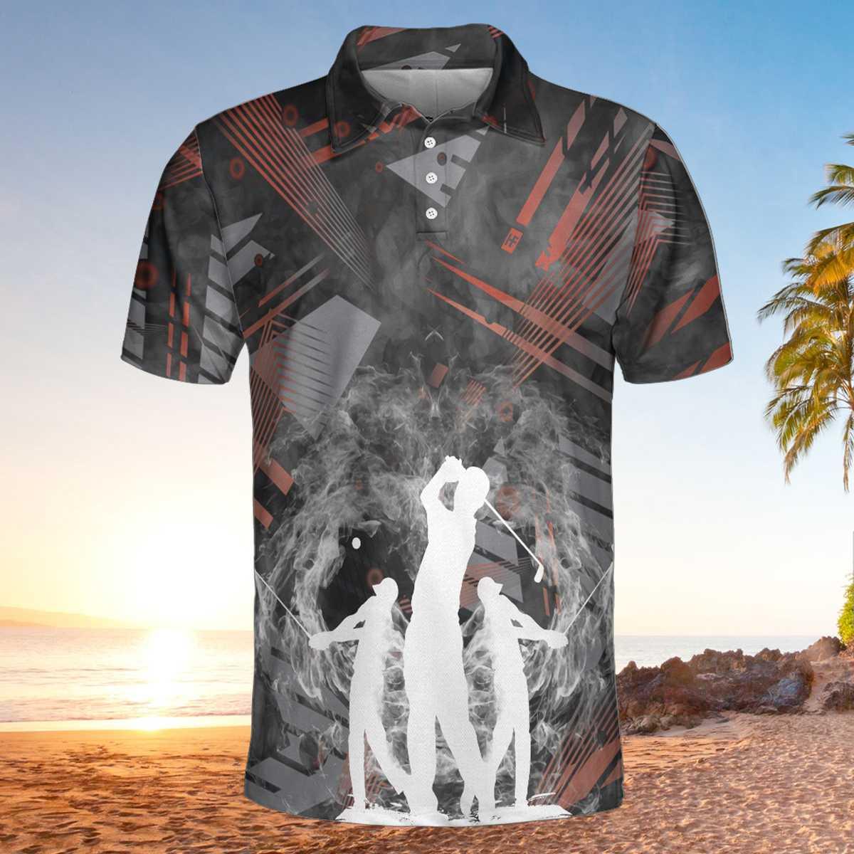 Men Golf Polo Shirt - Golfers On Art Pattern Men Polo Shirt, Smoke Digital Theme Polo Shirt, Best Golf Shirt For Men, Best Gift For Golfers