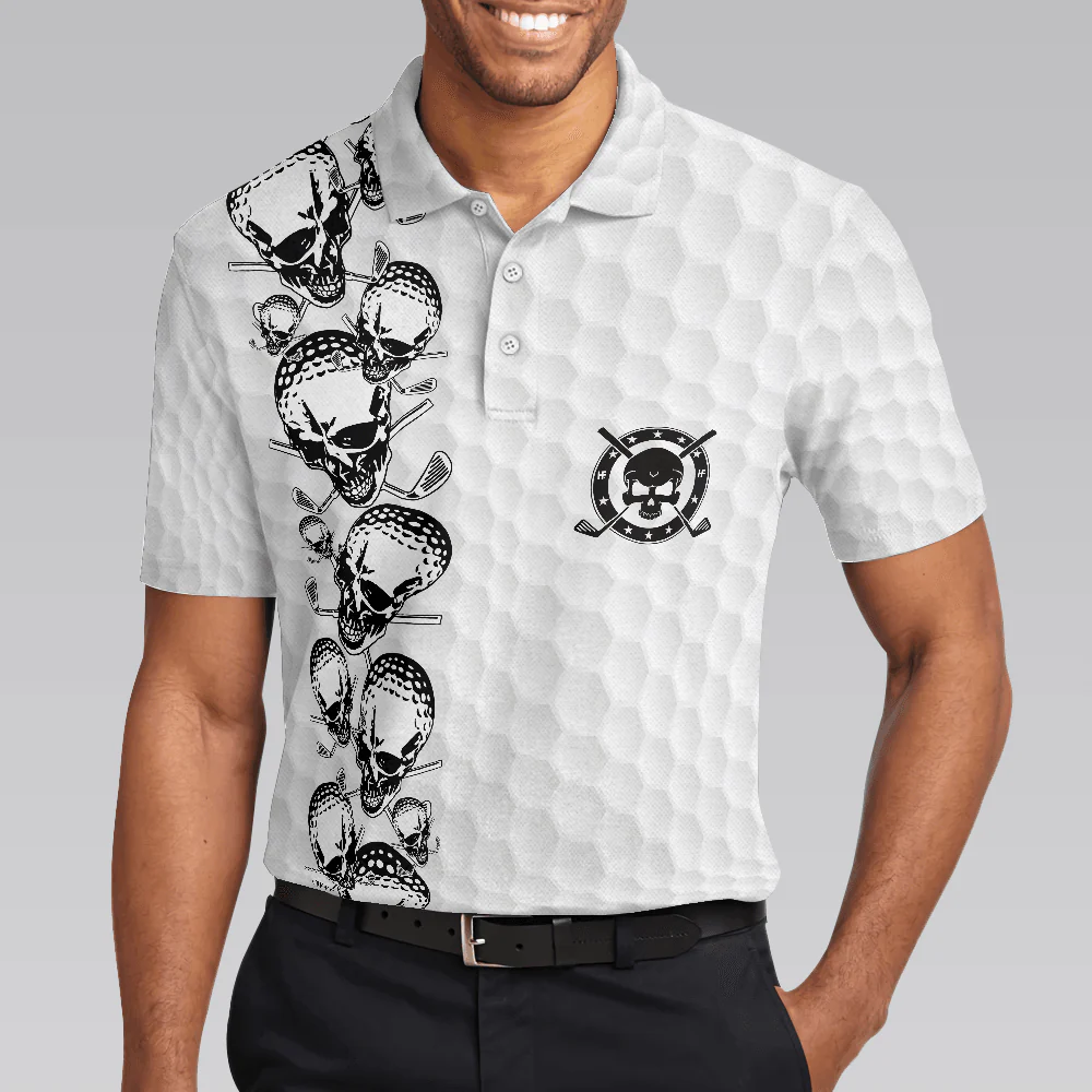 Men Golf Polo Shirt - Golfing Skull Golf Ball And Clubs, Golf Pattern Polo Shirt, Black And White Men Golf Polo Shirt - Perfect Polo Shirt For Men, Golfers - Image 5