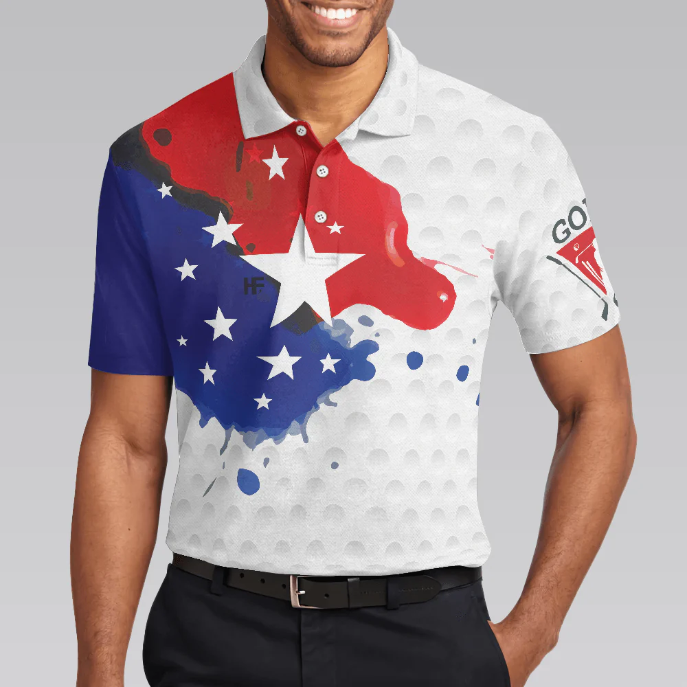Men Golf Polo Shirt - Grunge Style American Flag Men Polo Shirt, Golf Pattern Wet Paint Polo Shirt, Patriotic Golf Shirt For Men - Image 4