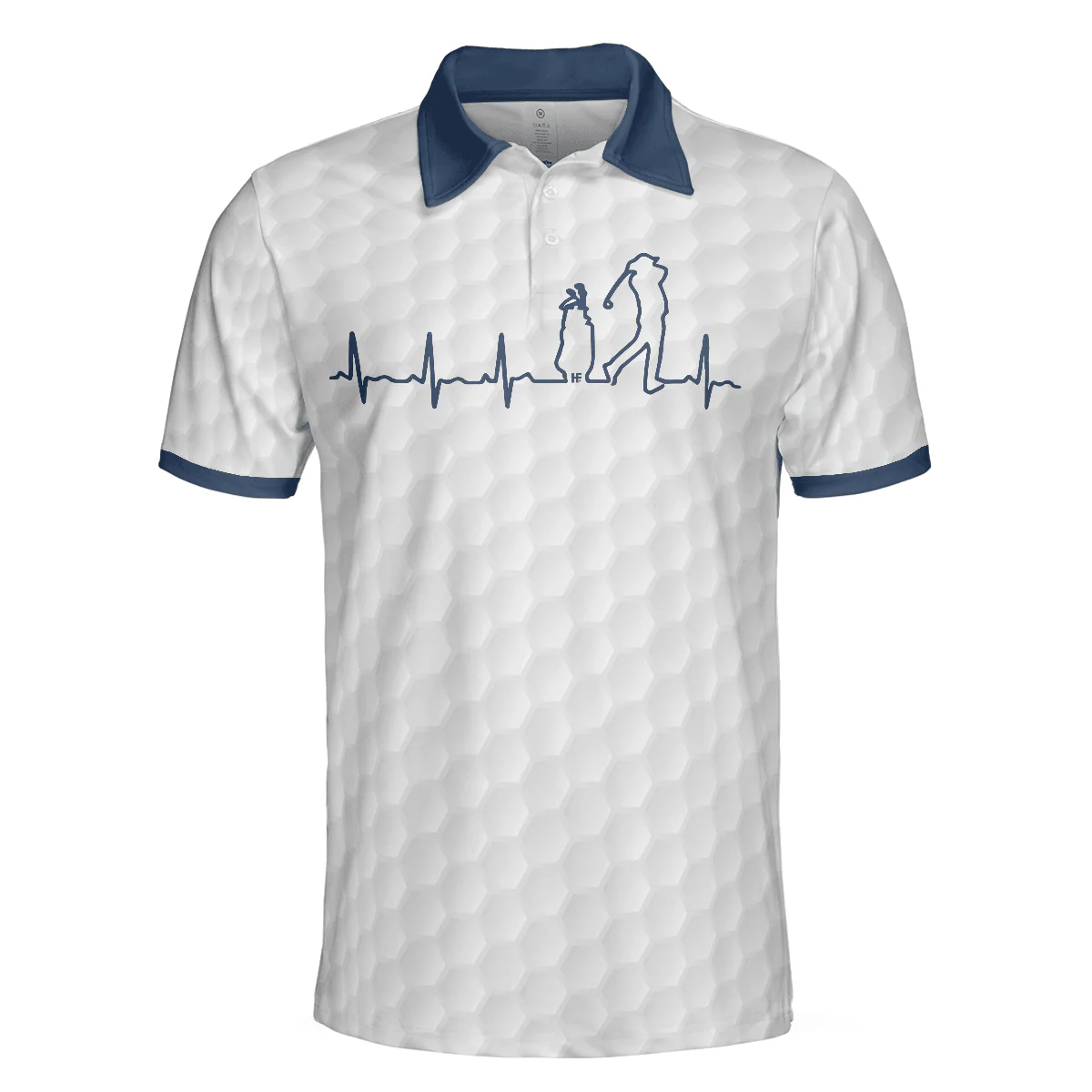 Men Golf Polo Shirt - Heartbeat Golfer White And Navy Golf Men Polo Shirt, White Golf Ball Pattern Polo Shirt For Men, Best Gift For Golfers - Image 3
