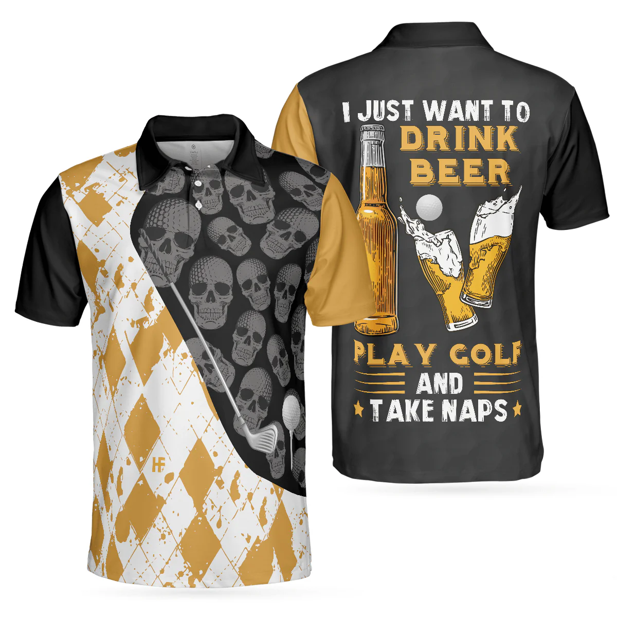 Men Golf Polo Shirt - I Just Want To Drink Beer Play Golf And Take Naps Polo Shirt, Yellow Argyle Pattern Golfing Shirt For Men