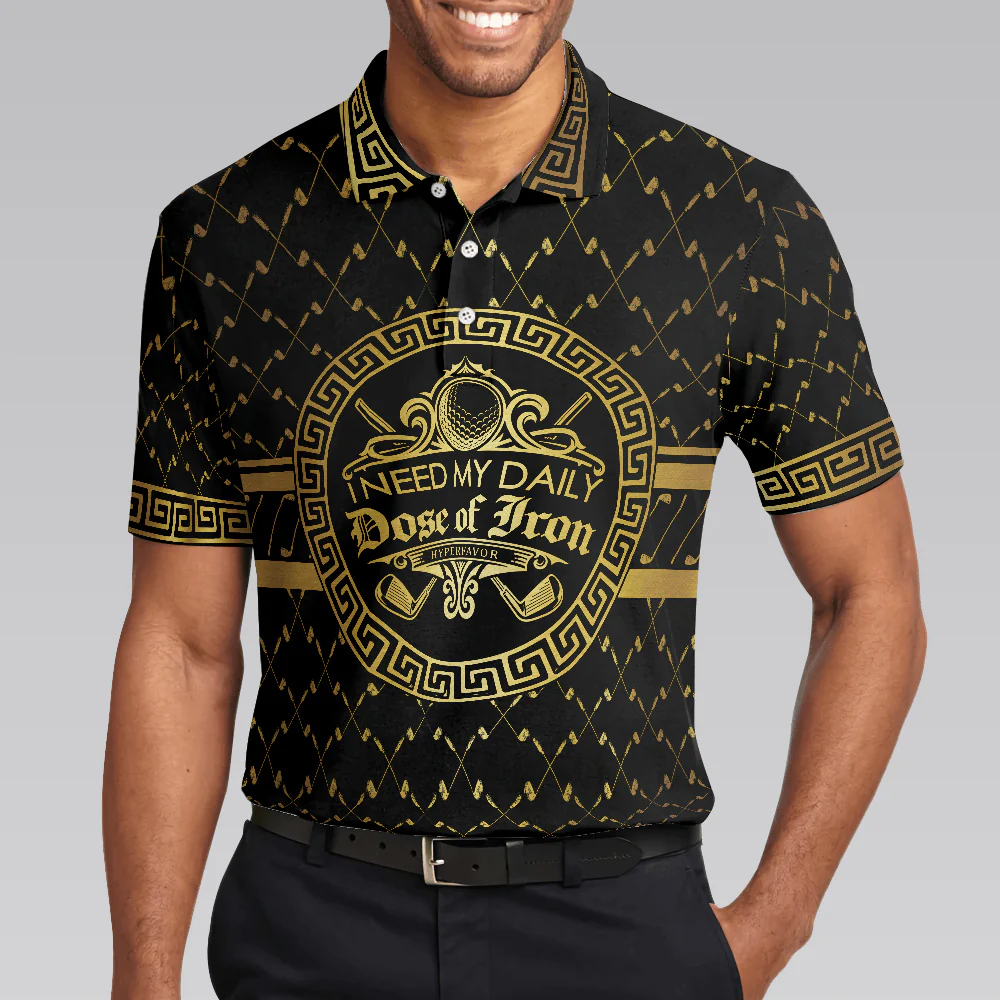 Men Golf Polo Shirt - I Need My Daily Dose Of Iron Black & Gold Polo Shirt, Luxury Golden Greek Golf Shirt - Perfect Gift For Men, Golfers - Image 4