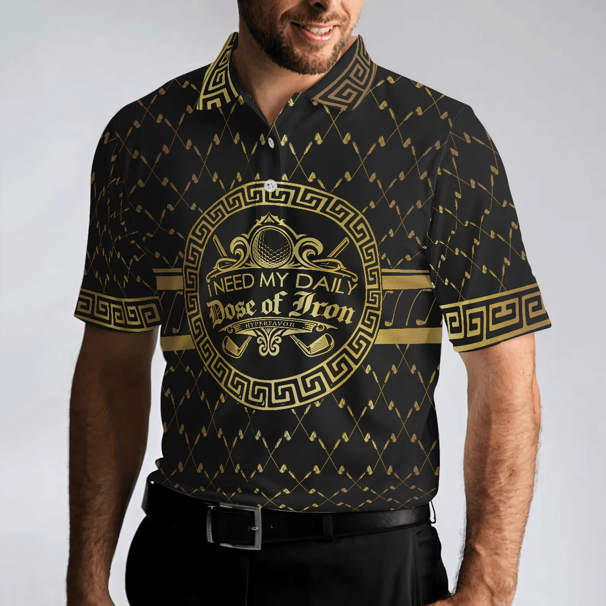 Men Golf Polo Shirt - I Need My Daily Dose Of Iron Black & Gold Polo Shirt, Luxury Golden Greek Golf Shirt - Perfect Gift For Men, Golfers - Image 5