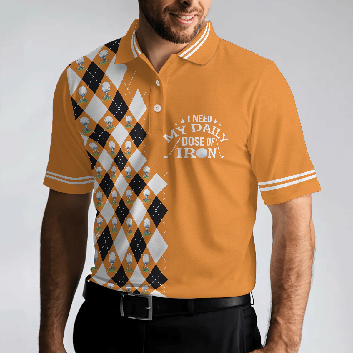 Men Golf Polo Shirt - I Need My Daily Dose Of Iron Remastered Polo Shirt, Argyle Pattern Polo Shirt, Best Golf Shirt For Men, Golfers - Image 4