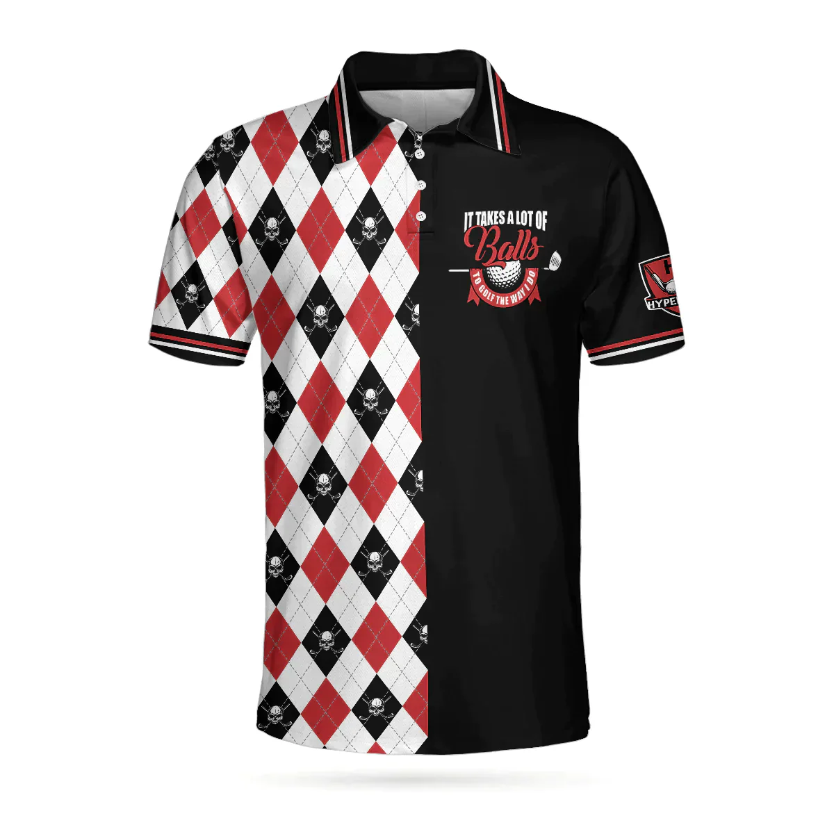 Men Golf Polo Shirt - It Takes A Lot Of Balls Red Black And White Pattern Men Polo Shirt, Argyle Pattern Skull Golf Shirt For Men, Golf Lover - Image 3