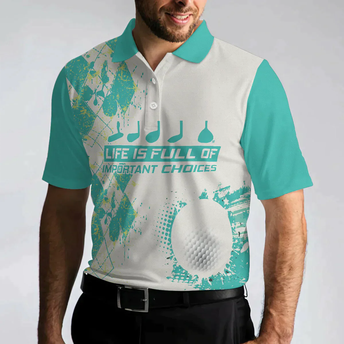 Men Golf Polo Shirt - Life Is Full Of Important Choices, Cyan Argyle Pattern Men Golf Polo Shirt - Perfect Polo Shirt For Men, Golfers - Image 4