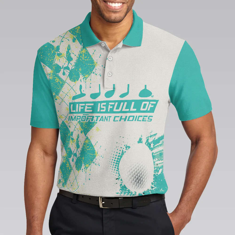 Men Golf Polo Shirt - Life Is Full Of Important Choices, Cyan Argyle Pattern Men Golf Polo Shirt - Perfect Polo Shirt For Men, Golfers - Image 5