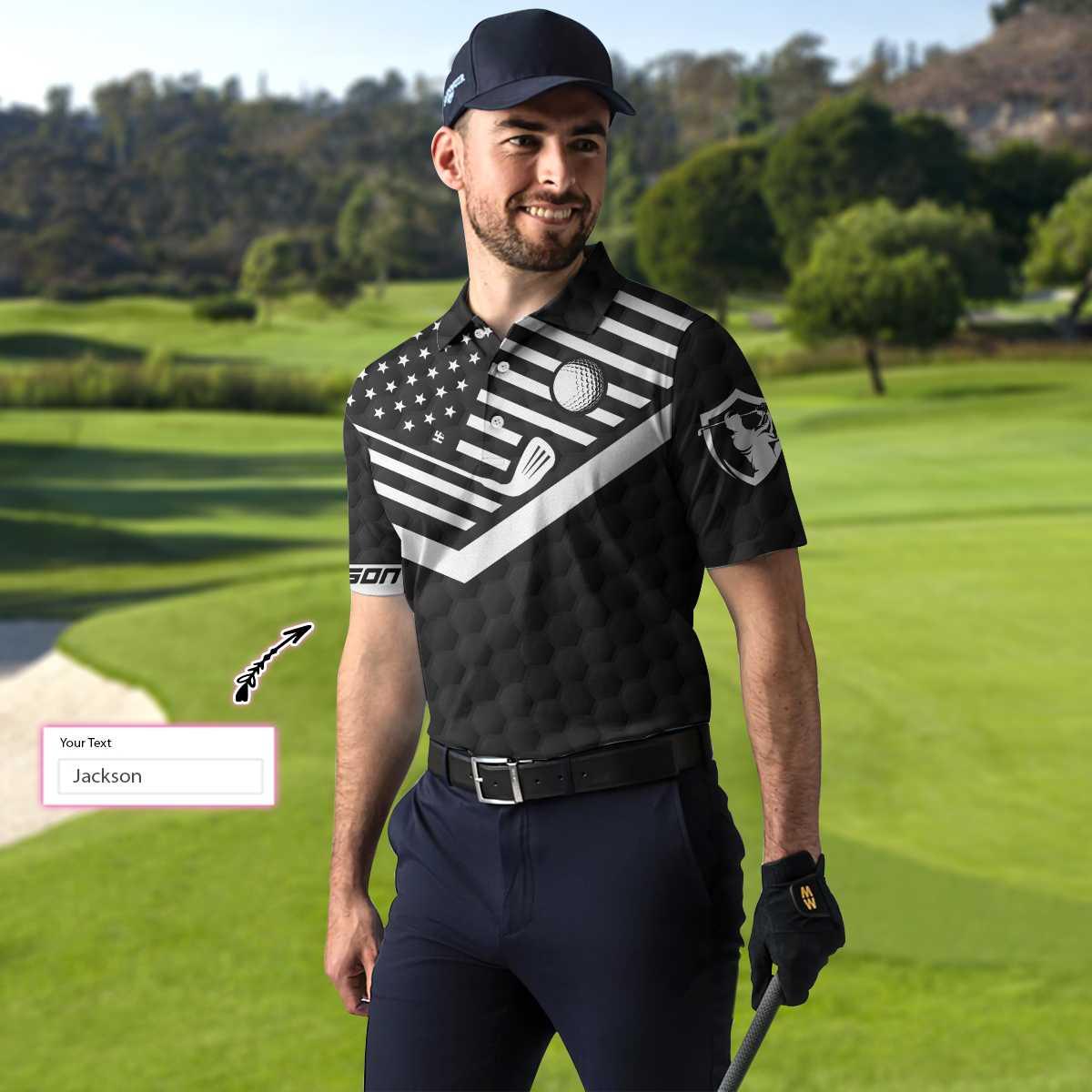 Men Golf Polo Shirt - Personalized Black American Flag Golf Men Polo Shirt, Eat Sleep Golf Repeat Custom Shirt For Men, Gift For Golfers - Image 5