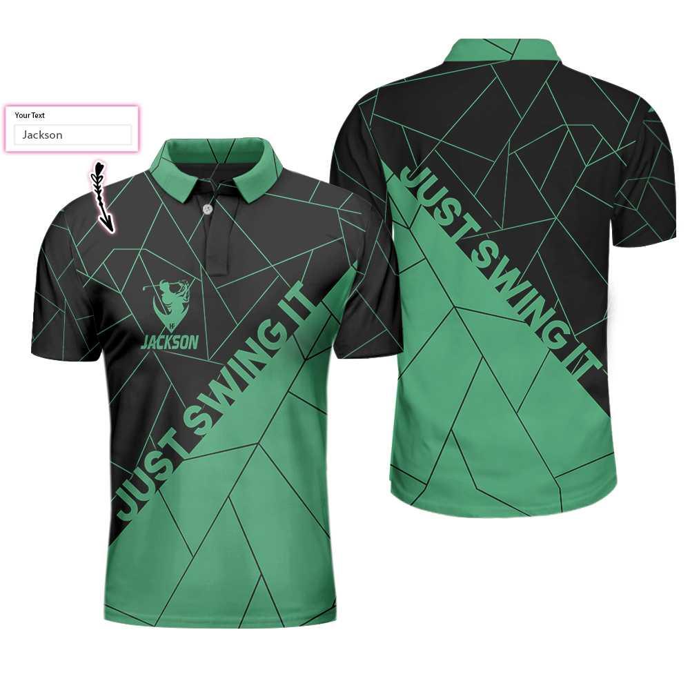Men Golf Polo Shirt - Personalized Black And Cyan Golf Men Polo Shirt, Just Swing It Abstract Geometric Line Pattern Custom Shirt For Male