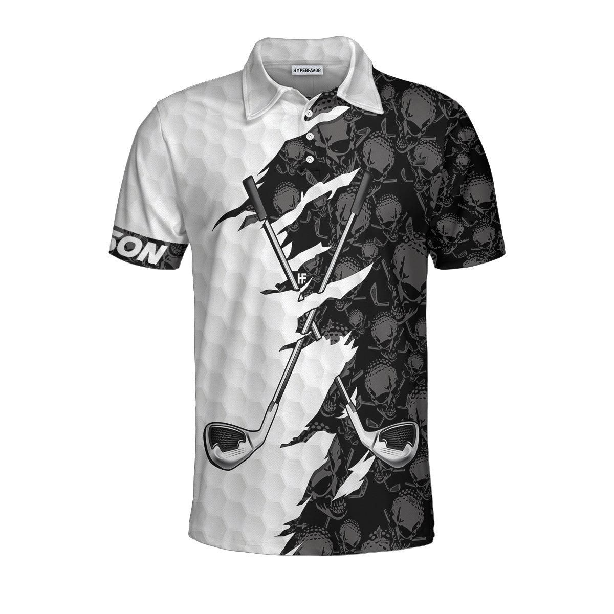 Men Golf Polo Shirt - Personalized Black And White Skull Pattern Golf Polo Shirt, Golf Ripped Skull Golf Balls Pattern Custom Polo Shirt For Men - Image 2