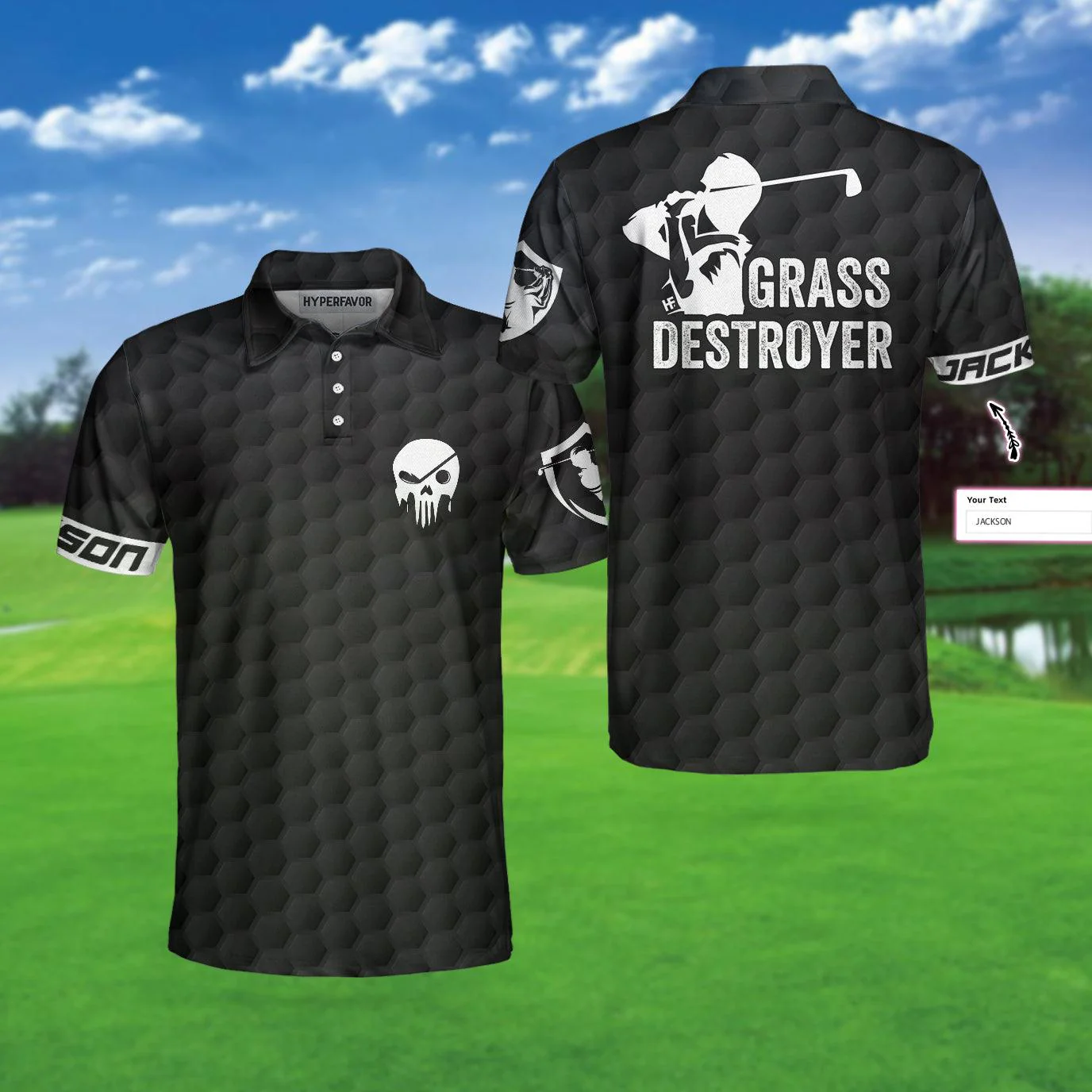 Men Golf Polo Shirt - Personalized Black Skull Golfing Men Polo Shirt, Grass Destroyer Custom Polo Shirt Design, Golf Gift Idea For Men, Golfers