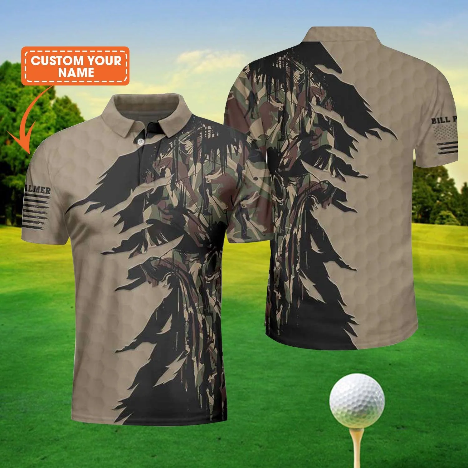 Men Golf Polo Shirt - Personalized Ripped Vintage Golfing Clubs Skull Camouflaged Men Polo Shirt, Camo Golf Custom Shirt For Male