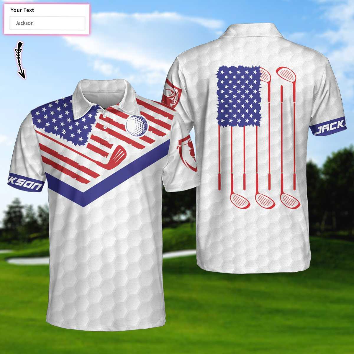 Men Golf Polo Shirt - Personalized White Golf Pattern Men Polo Shirt, Golf American Flag New Custom Polo Shirt, Patriotic Golf Shirt For Men, Golfers