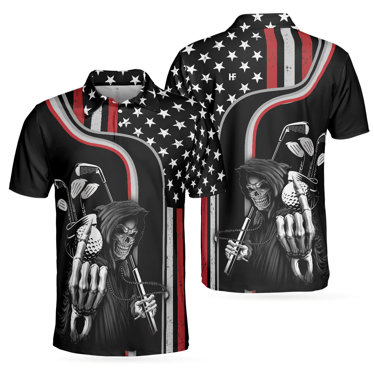 Men Golf Polo Shirt - Reaper American Flag Golf Polo Shirt, Black Theme Reaper Golfer Golf Shirt For Men - Gift For Men, Golfer