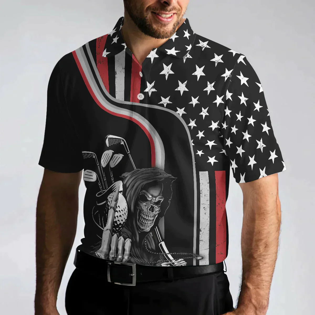 Men Golf Polo Shirt - Reaper American Flag Golf Polo Shirt, Black Theme Reaper Golfer Golf Shirt For Men - Gift For Men, Golfer - Image 4