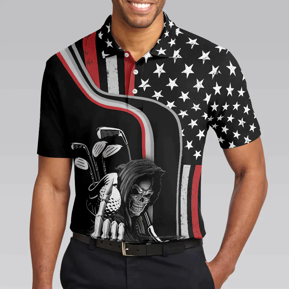 Men Golf Polo Shirt - Reaper American Flag Golf Polo Shirt, Black Theme Reaper Golfer Golf Shirt For Men - Gift For Men, Golfer - Image 5