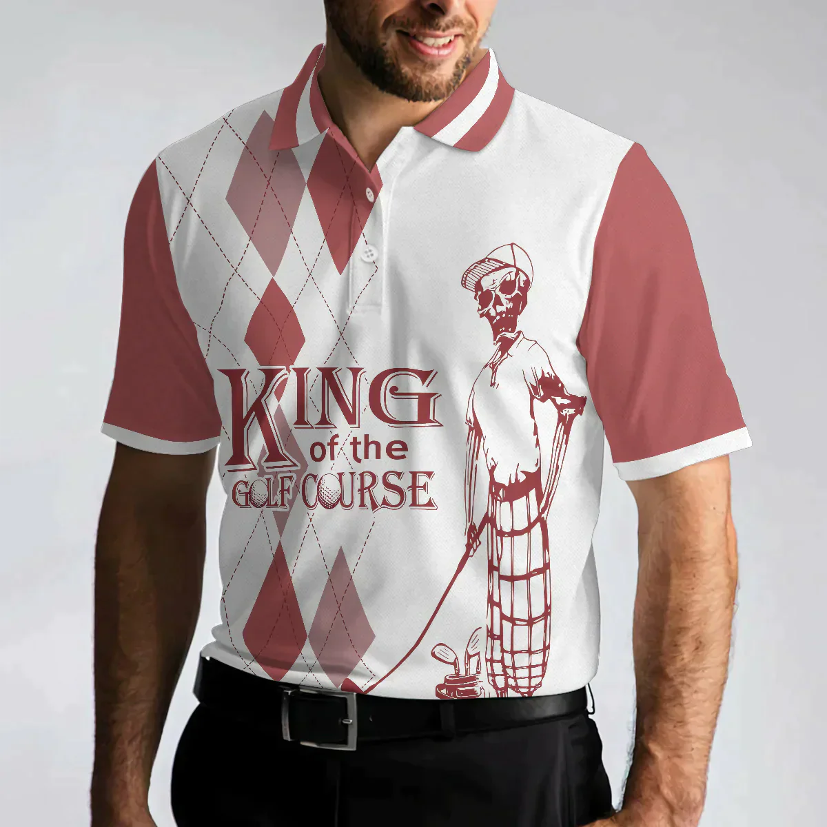 Men Golf Polo Shirt - Red Argyle Pattern Skeleton Golfer Men Polo Shirt, King Of The Golf Course Golf Polo Shirt, Best Golf Shirt For Male - Image 4