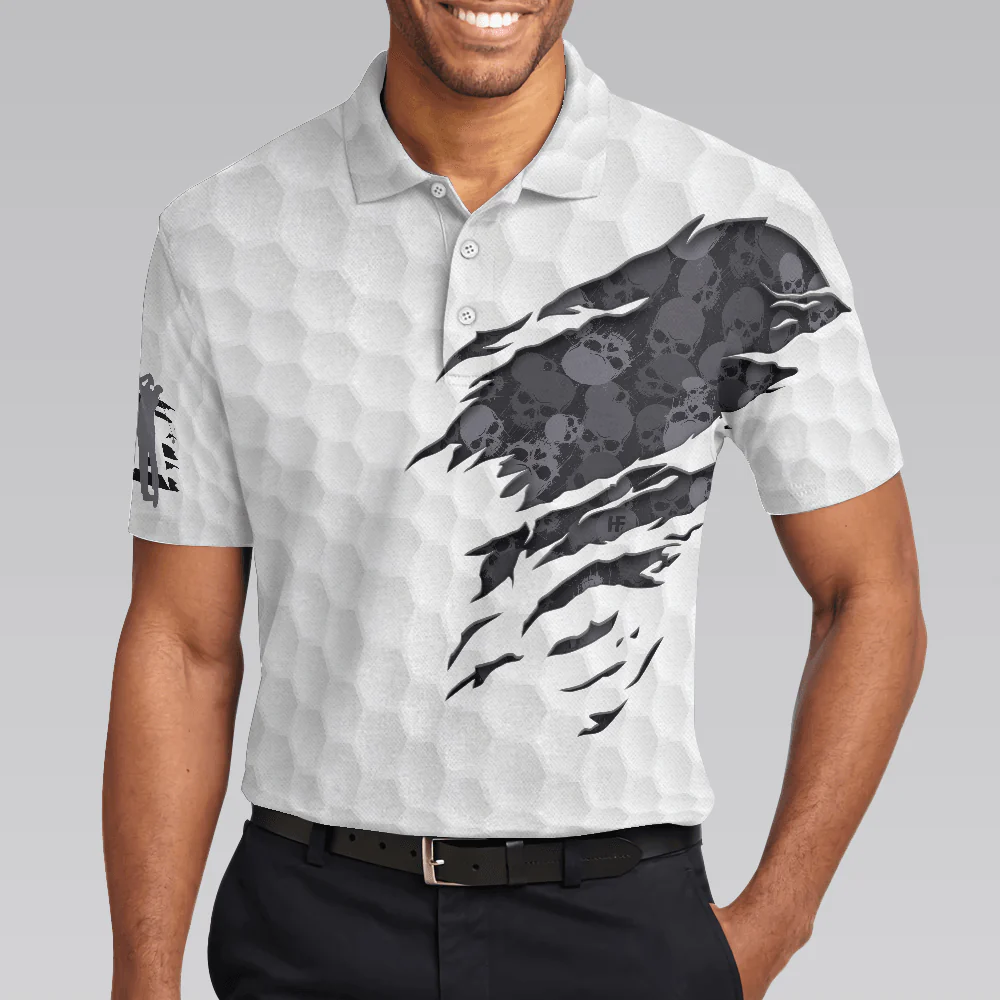 Men Golf Polo Shirt - Ripped Skull Pattern Men Polo Shirt, Grip It N' Rip It Golf Ball Texture Polo Shirt, Best Golf Shirt For Men - Image 4
