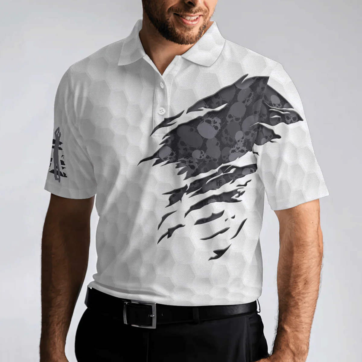 Men Golf Polo Shirt - Ripped Skull Pattern Men Polo Shirt, Grip It N' Rip It Golf Ball Texture Polo Shirt, Best Golf Shirt For Men - Image 5