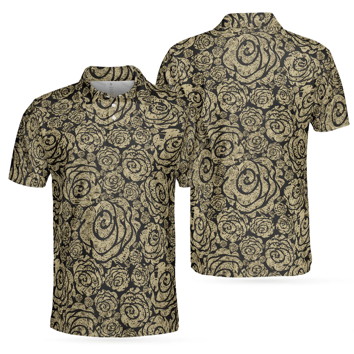 Men Golf Polo Shirt - Seamless Beige Grunge Rose Pattern Men Polo Shirt, Cool Roses Graphic Polo Shirt, Rose Themed Shirt For Men, Flower Lovers