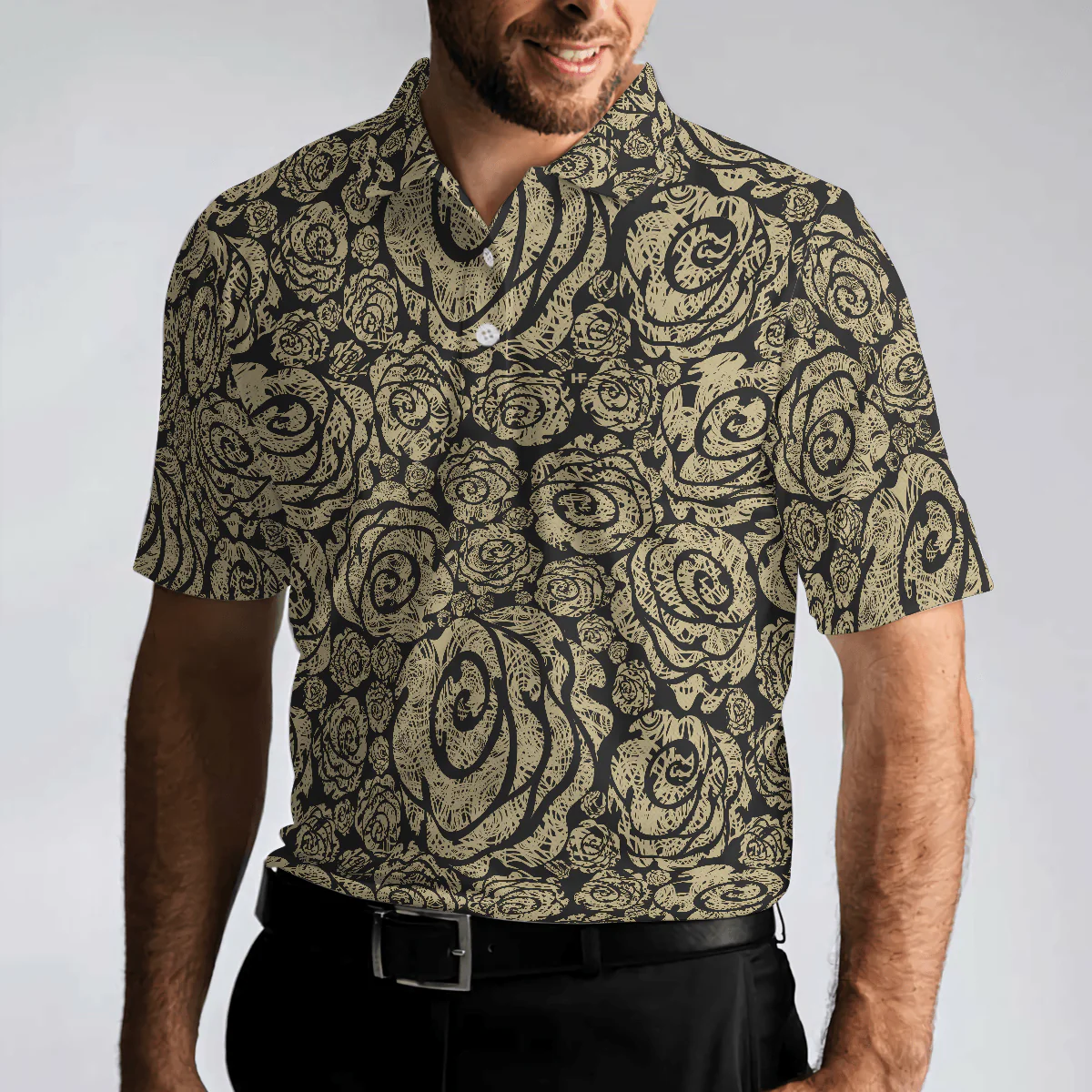 Men Golf Polo Shirt - Seamless Beige Grunge Rose Pattern Men Polo Shirt, Cool Roses Graphic Polo Shirt, Rose Themed Shirt For Men, Flower Lovers - Image 4