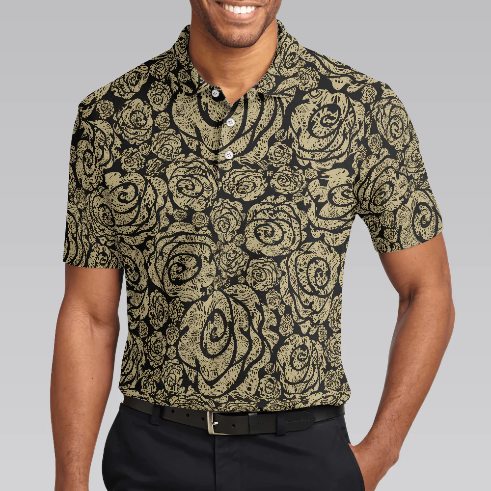 Men Golf Polo Shirt - Seamless Beige Grunge Rose Pattern Men Polo Shirt, Cool Roses Graphic Polo Shirt, Rose Themed Shirt For Men, Flower Lovers - Image 5