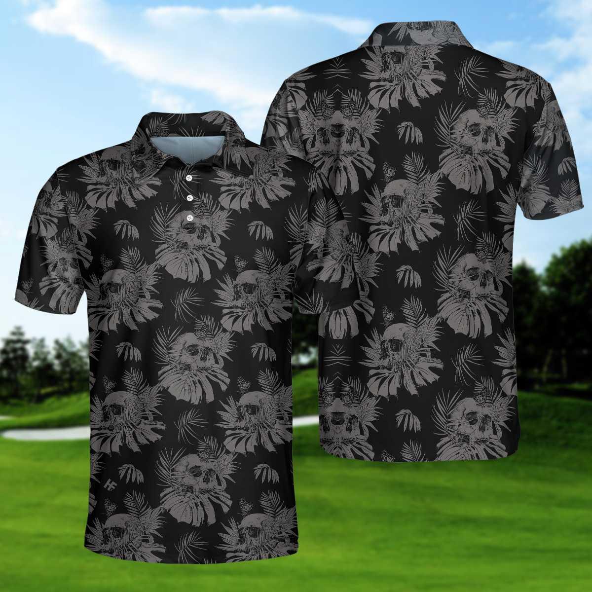 Men Golf Polo Shirt - Seamless Skull Goth Polo Shirt, Black Floral Skull Pattern Polo Shirt, Best Gothic Shirt For Men - Perfect Gift For Men, Golfer