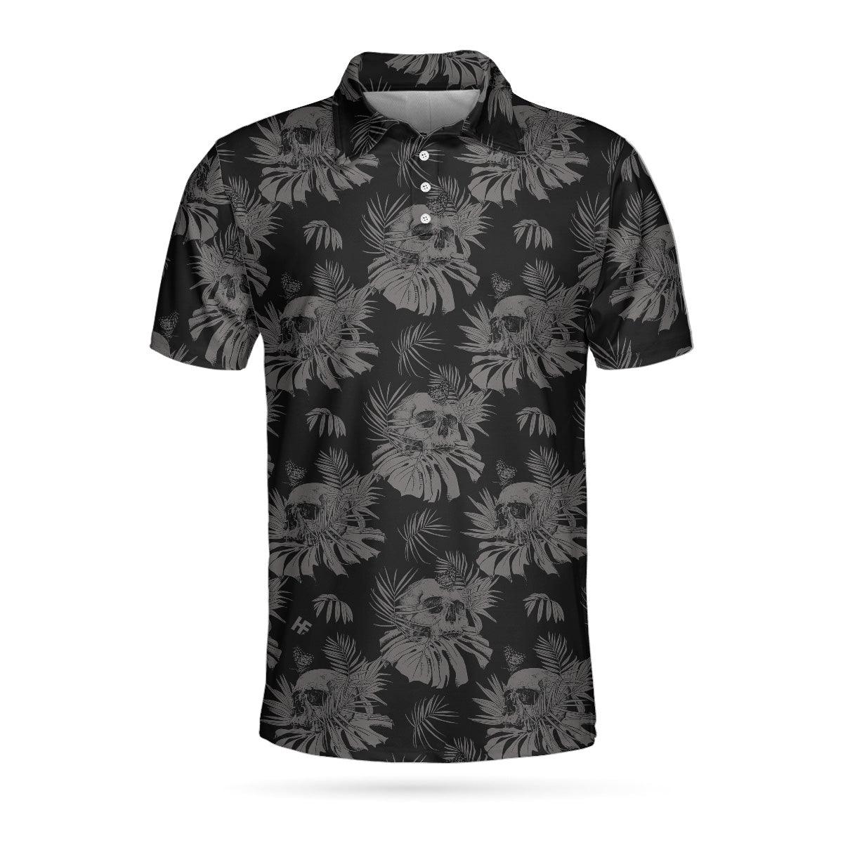 Men Golf Polo Shirt - Seamless Skull Goth Polo Shirt, Black Floral Skull Pattern Polo Shirt, Best Gothic Shirt For Men - Perfect Gift For Men, Golfer - Image 2