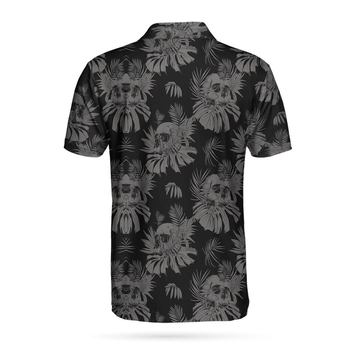 Men Golf Polo Shirt - Seamless Skull Goth Polo Shirt, Black Floral Skull Pattern Polo Shirt, Best Gothic Shirt For Men - Perfect Gift For Men, Golfer - Image 3