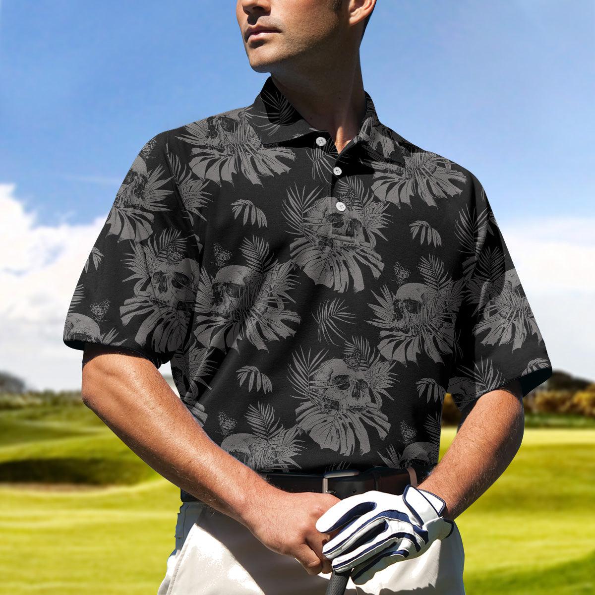 Men Golf Polo Shirt - Seamless Skull Goth Polo Shirt, Black Floral Skull Pattern Polo Shirt, Best Gothic Shirt For Men - Perfect Gift For Men, Golfer - Image 4