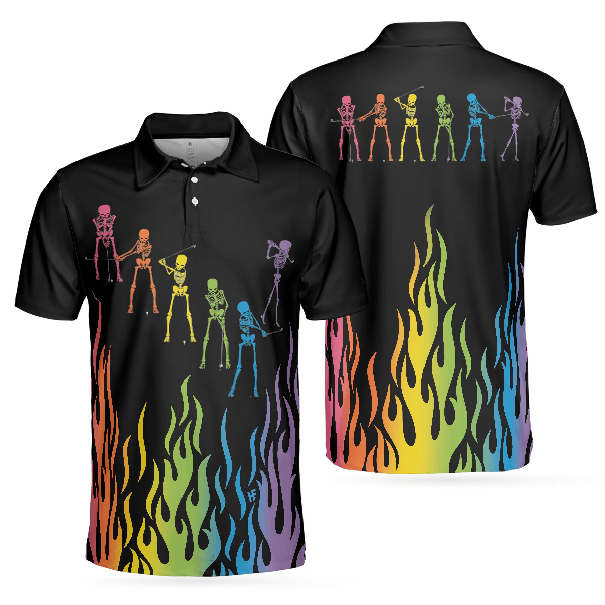 Men Golf Polo Shirt - Skeleton Playing Golf Polo Shirt, Rainbow Pallette Fire Golfing Polo Shirt, Cool Golf Shirt For Men - Perfect Gift For Men, Golfers