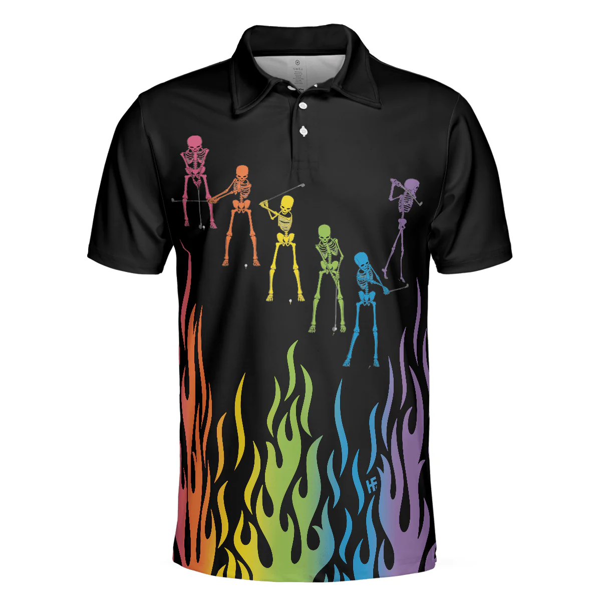 Men Golf Polo Shirt - Skeleton Playing Golf Polo Shirt, Rainbow Pallette Fire Golfing Polo Shirt, Cool Golf Shirt For Men - Perfect Gift For Men, Golfers - Image 3